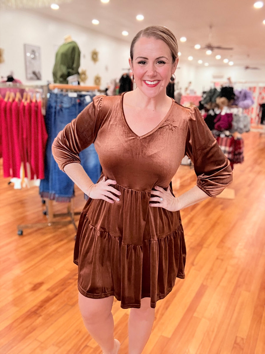 Coffee Velvet Long Sleeve Tiered Mini Dress