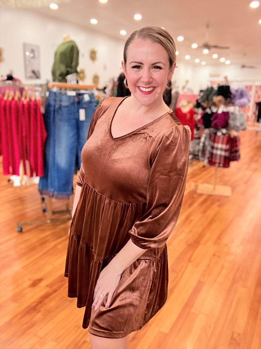 Coffee Velvet Long Sleeve Tiered Mini Dress