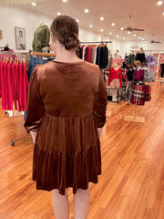 Coffee Velvet Long Sleeve Tiered Mini Dress