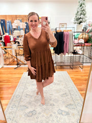 Coffee Velvet Long Sleeve Tiered Mini Dress