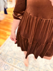 Coffee Velvet Long Sleeve Tiered Mini Dress
