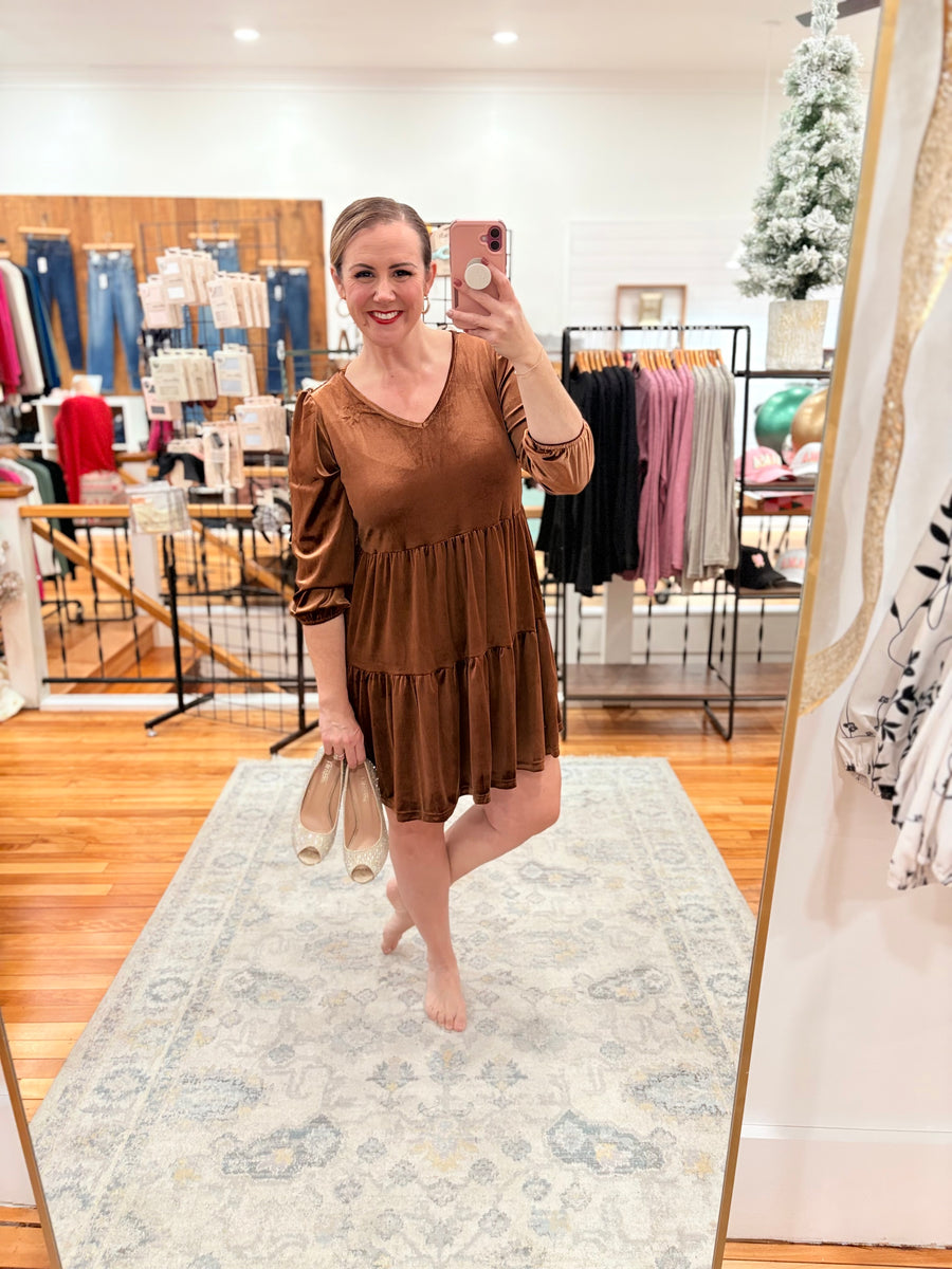 Coffee Velvet Long Sleeve Tiered Mini Dress