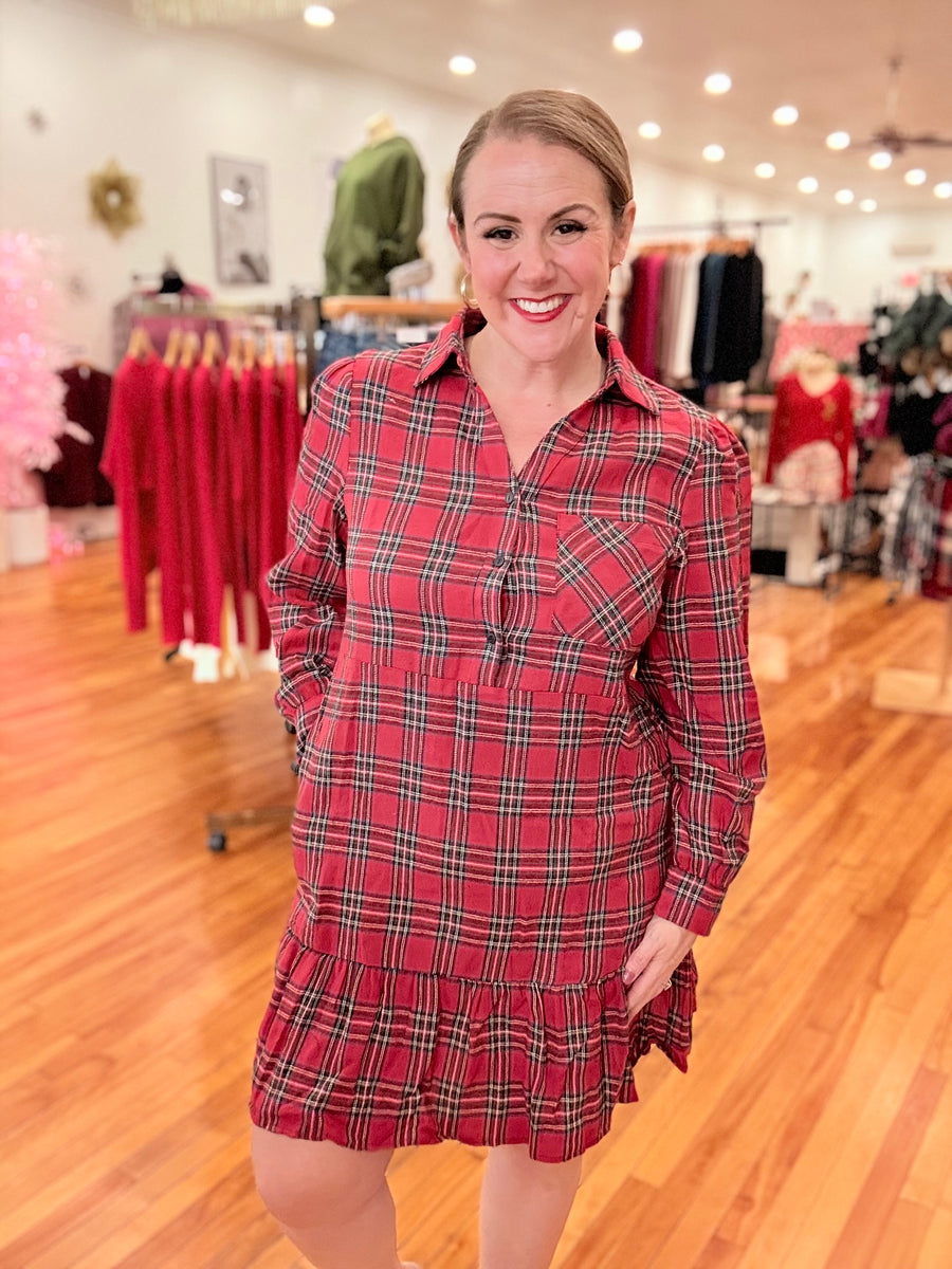 Red Plaid Long Sleeve Mini Dress