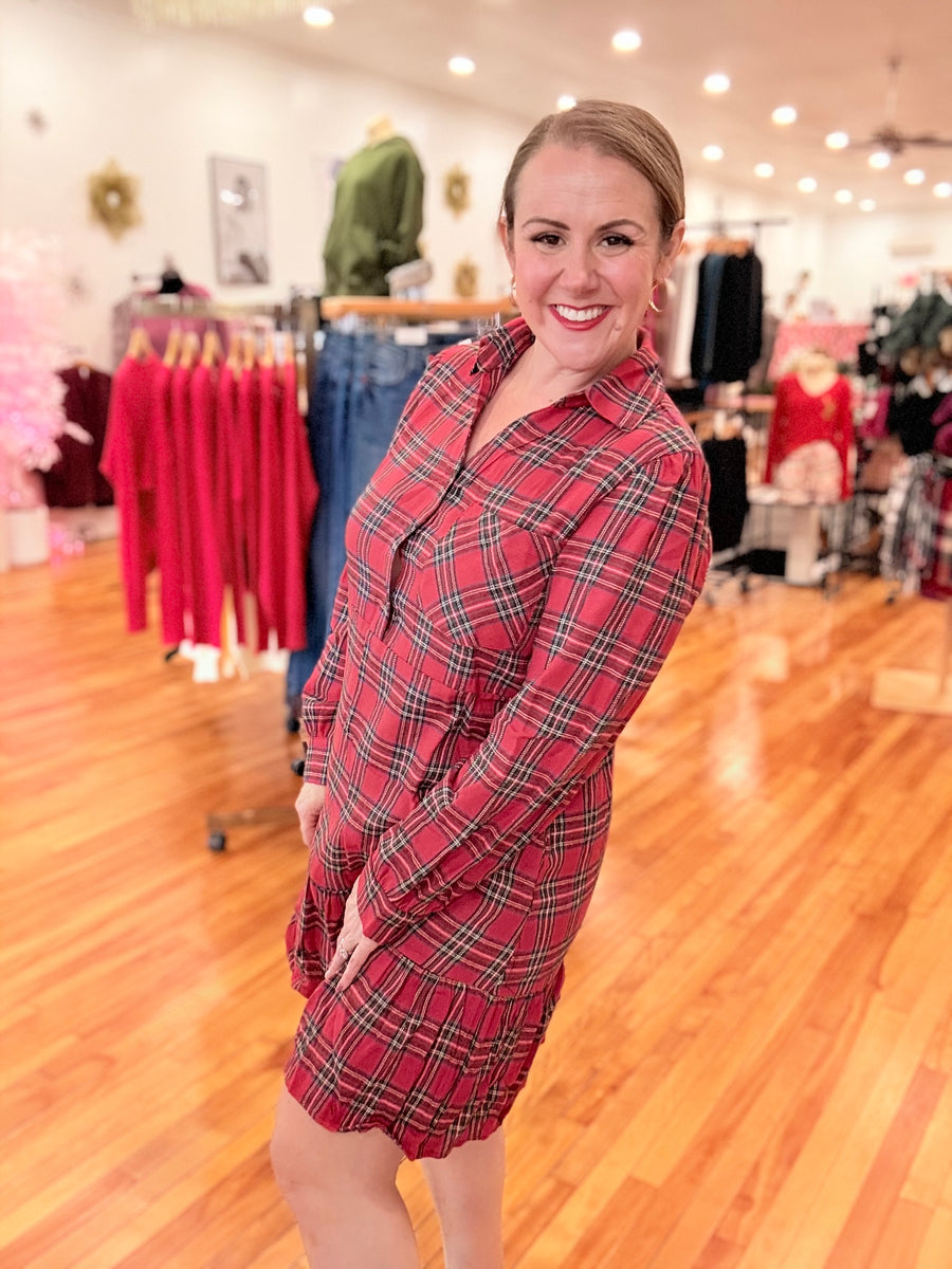 Red Plaid Long Sleeve Mini Dress