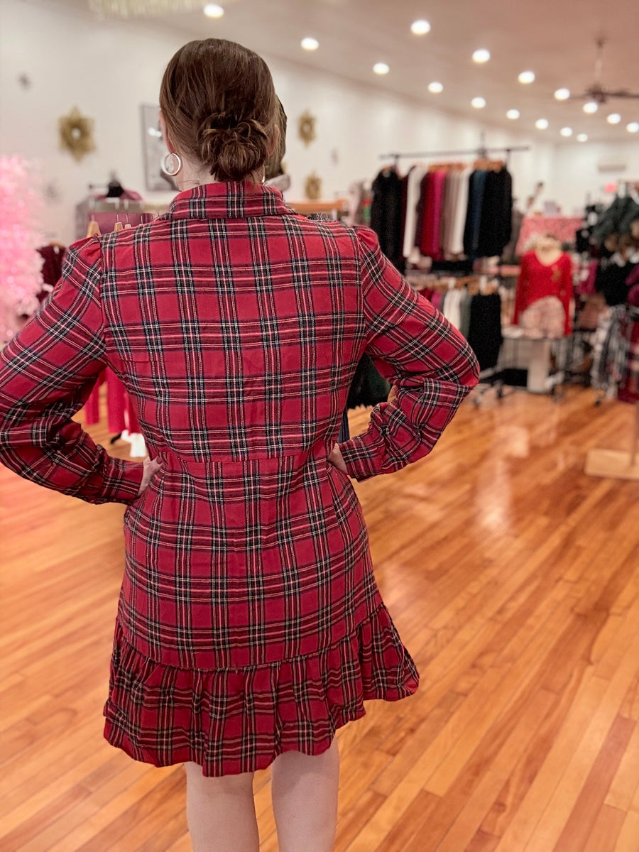Red Plaid Long Sleeve Mini Dress
