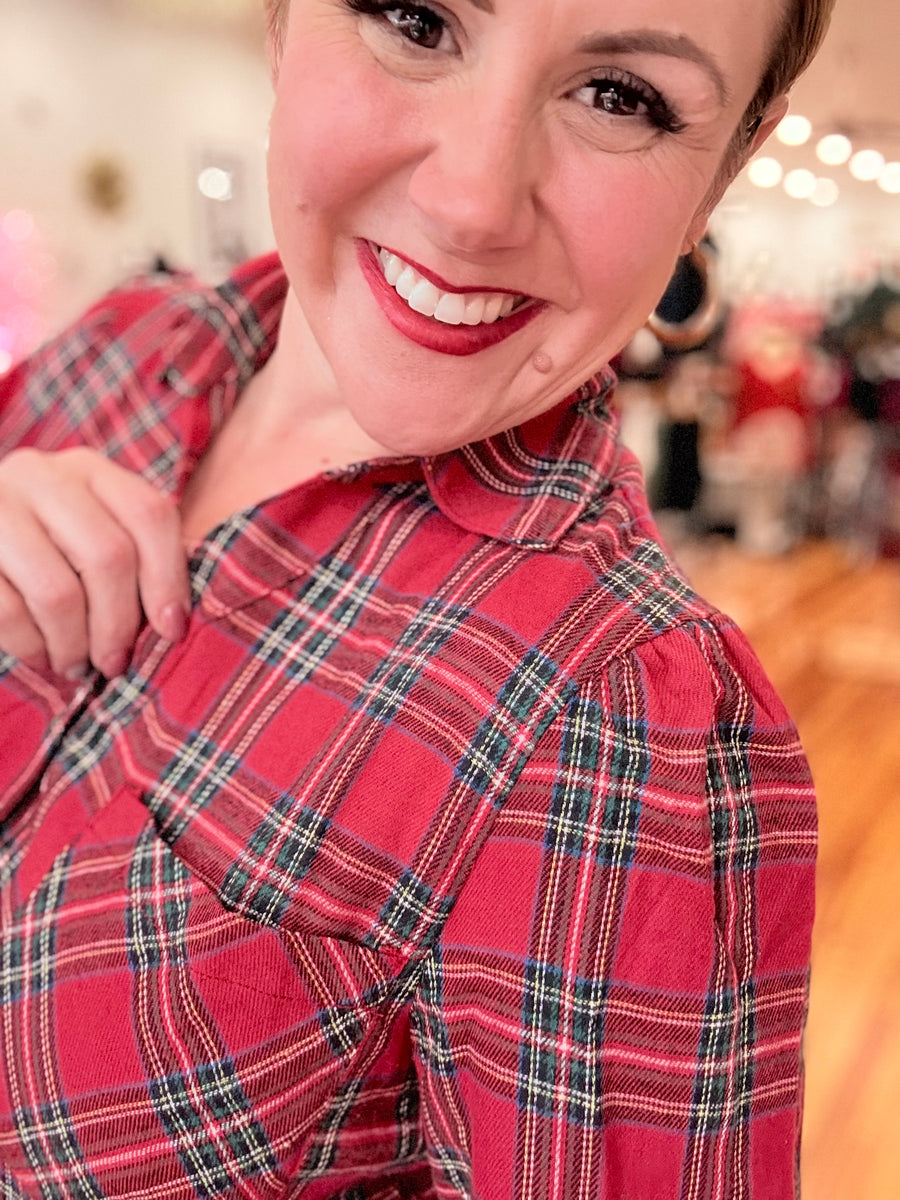 Red Plaid Long Sleeve Mini Dress