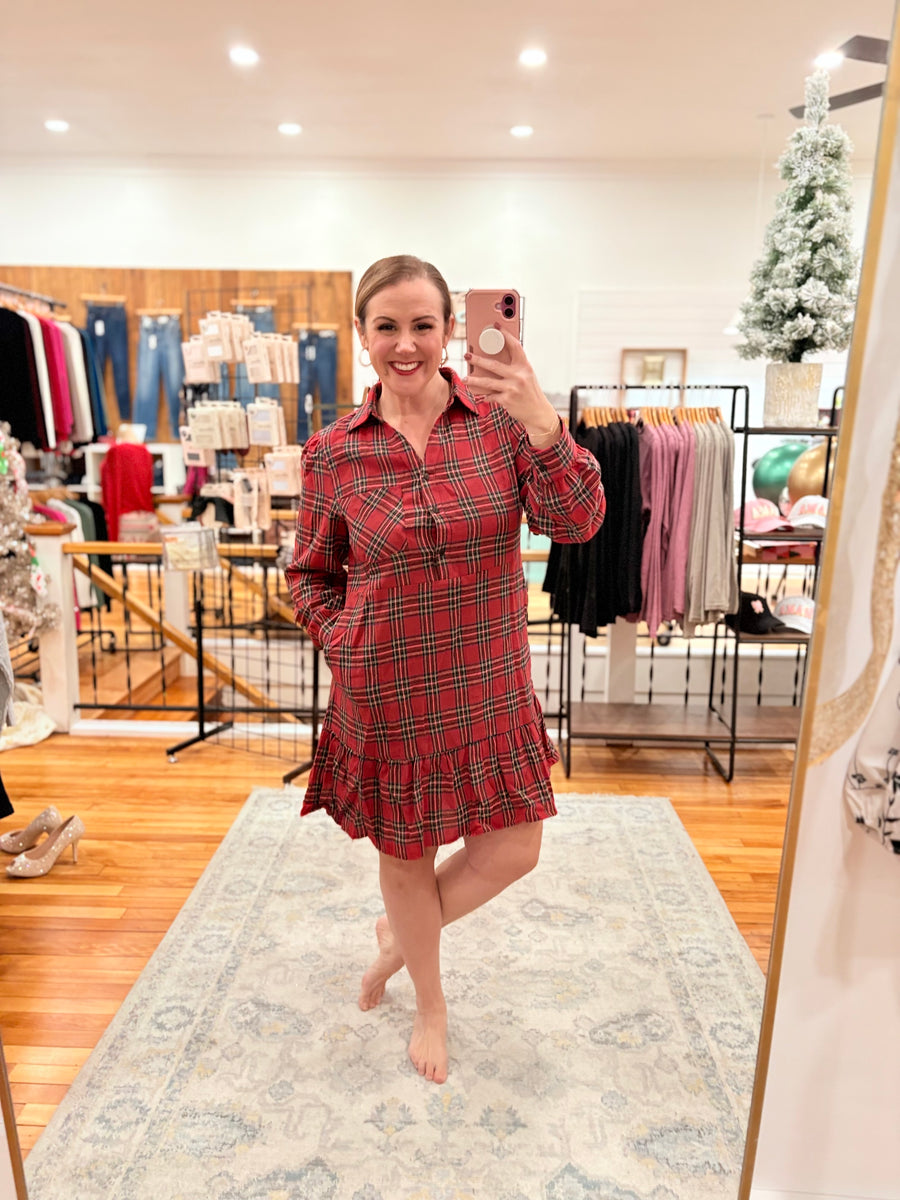 Red Plaid Long Sleeve Mini Dress
