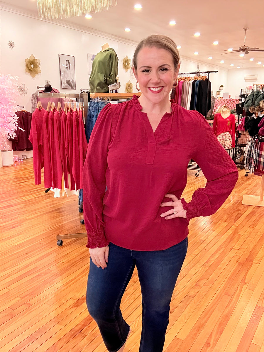 Burgundy Notched Neck Shirred Cuff Long Sleeve Blouse