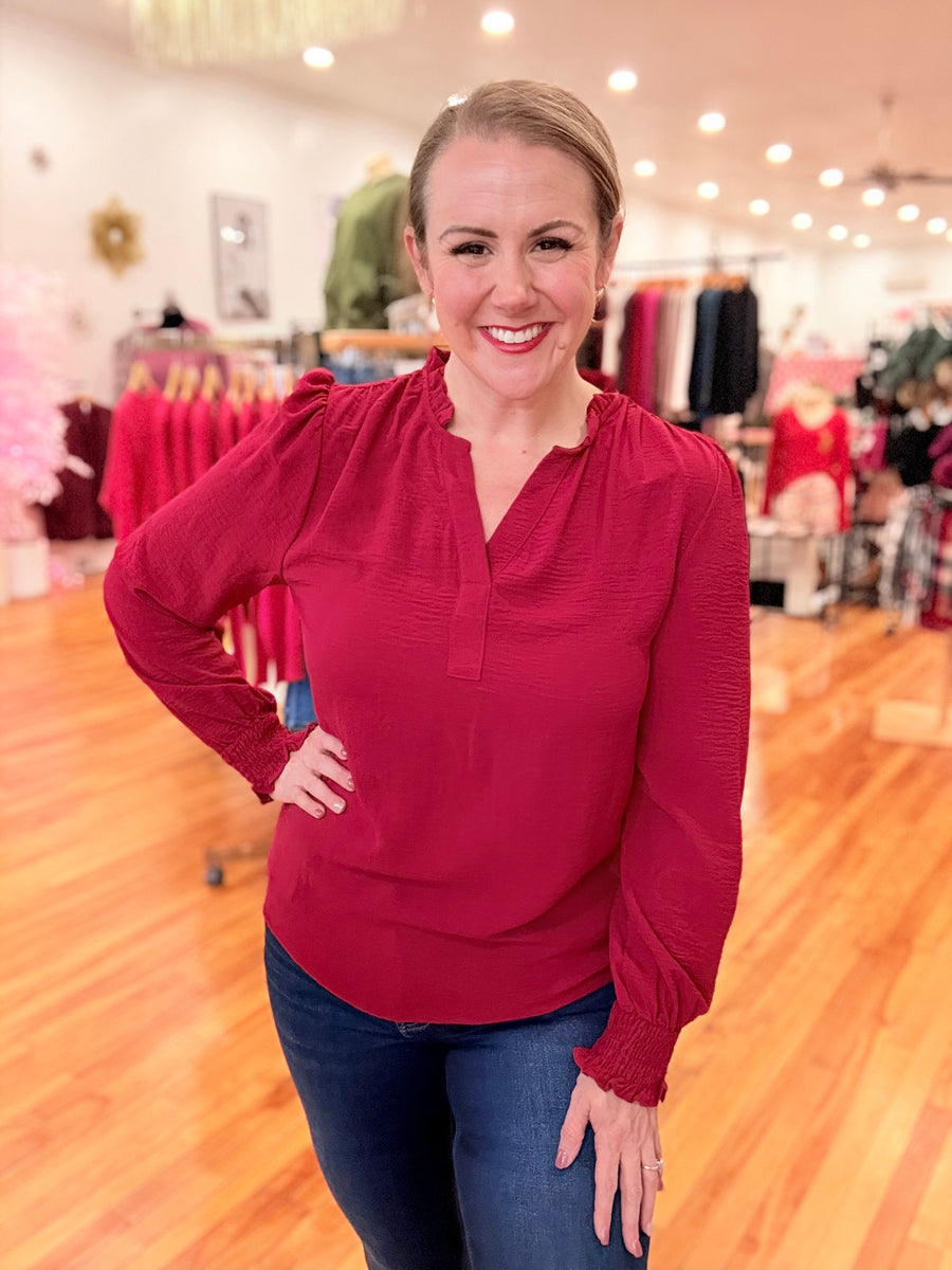 Burgundy Notched Neck Shirred Cuff Long Sleeve Blouse