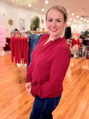 Burgundy Notched Neck Shirred Cuff Long Sleeve Blouse