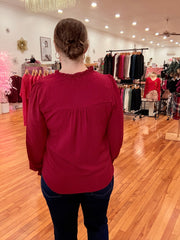 Burgundy Notched Neck Shirred Cuff Long Sleeve Blouse
