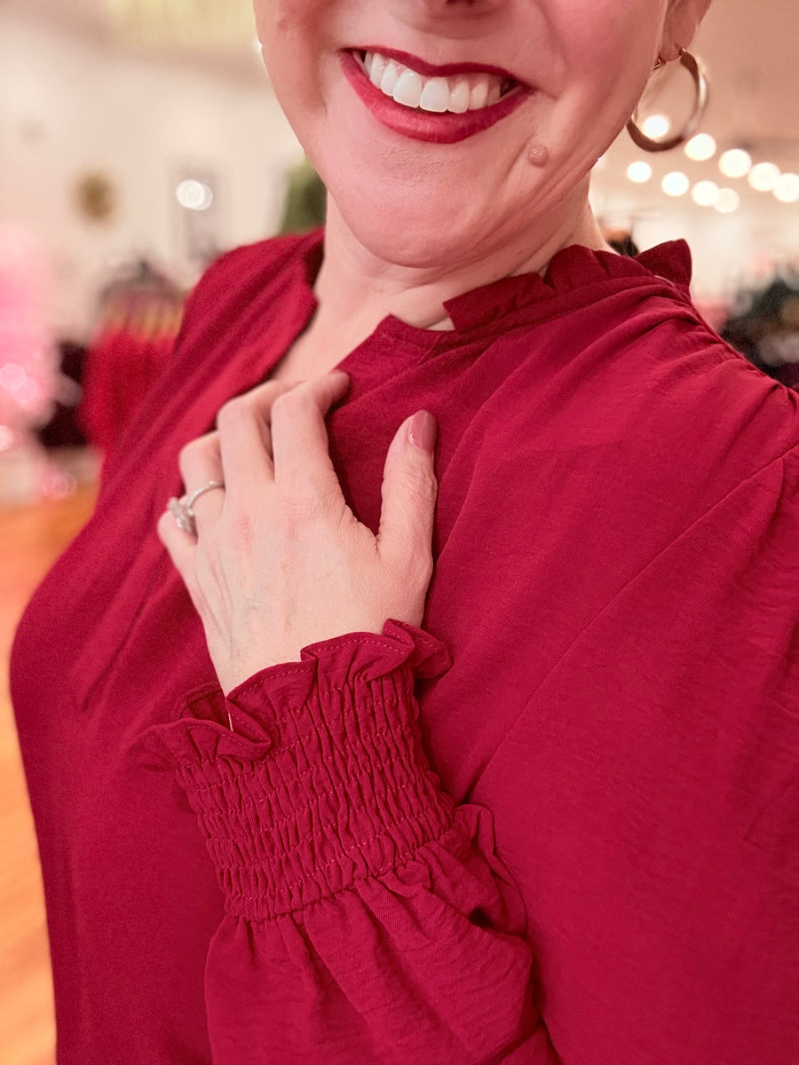 Burgundy Notched Neck Shirred Cuff Long Sleeve Blouse