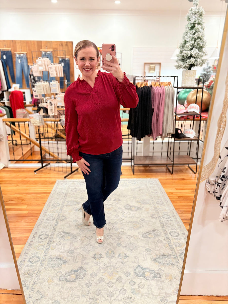 Burgundy Notched Neck Shirred Cuff Long Sleeve Blouse