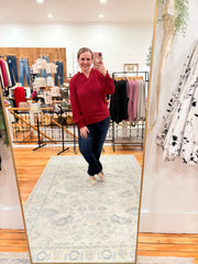 Burgundy Notched Neck Shirred Cuff Long Sleeve Blouse