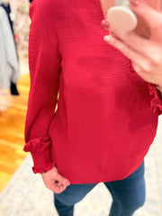Burgundy Notched Neck Shirred Cuff Long Sleeve Blouse