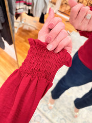 Burgundy Notched Neck Shirred Cuff Long Sleeve Blouse