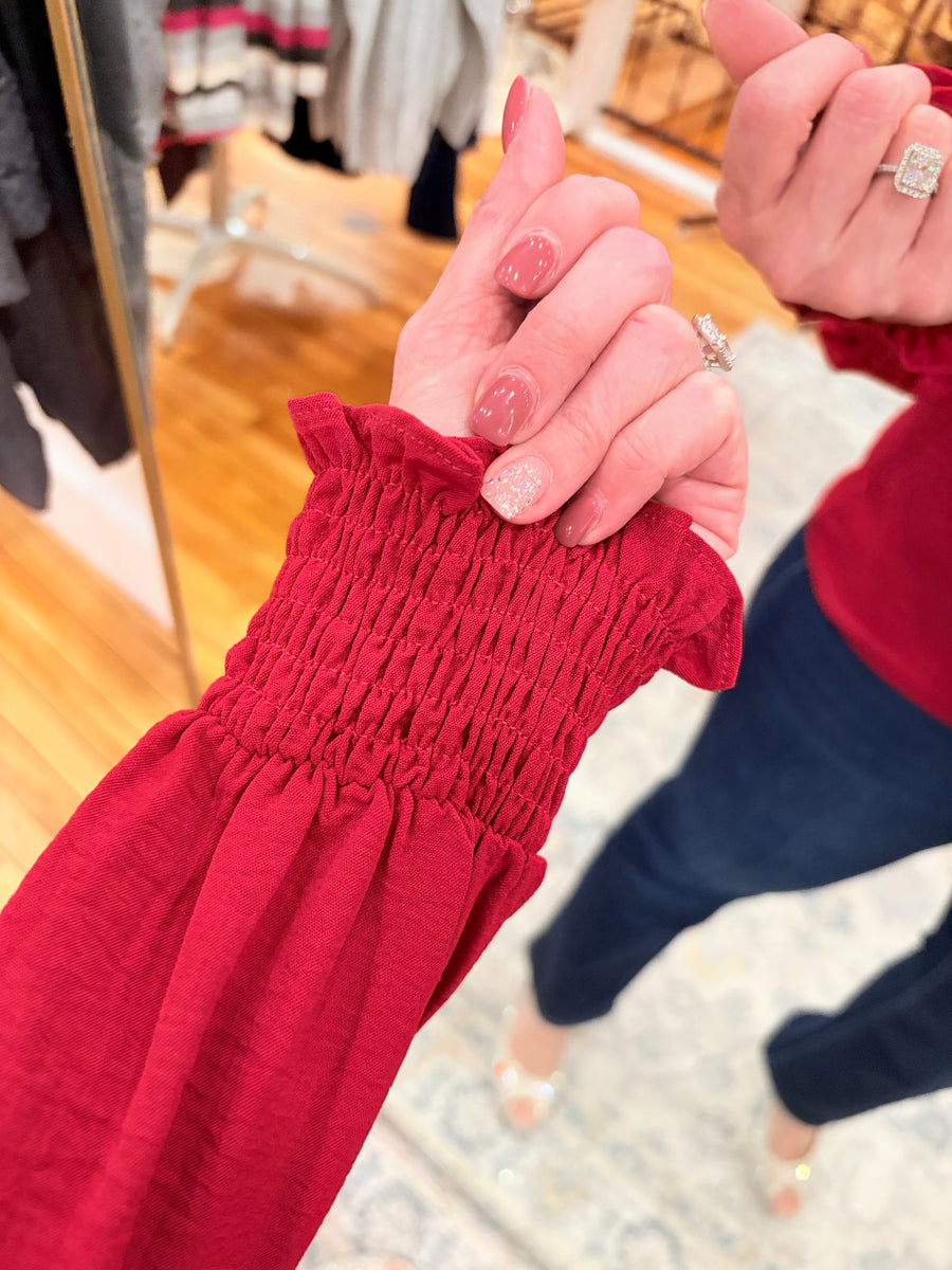 Burgundy Notched Neck Shirred Cuff Long Sleeve Blouse