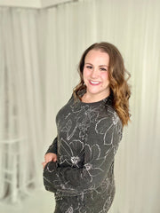 Floral Urban Ribbed Long Sleeve Dress- Charcoal