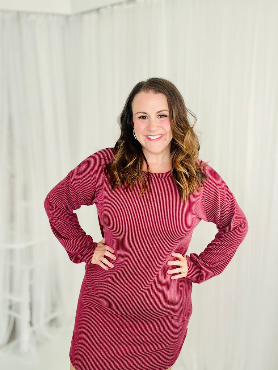 Urban Ribbed Long Sleeve Dress- Burgundy FINAL SALE