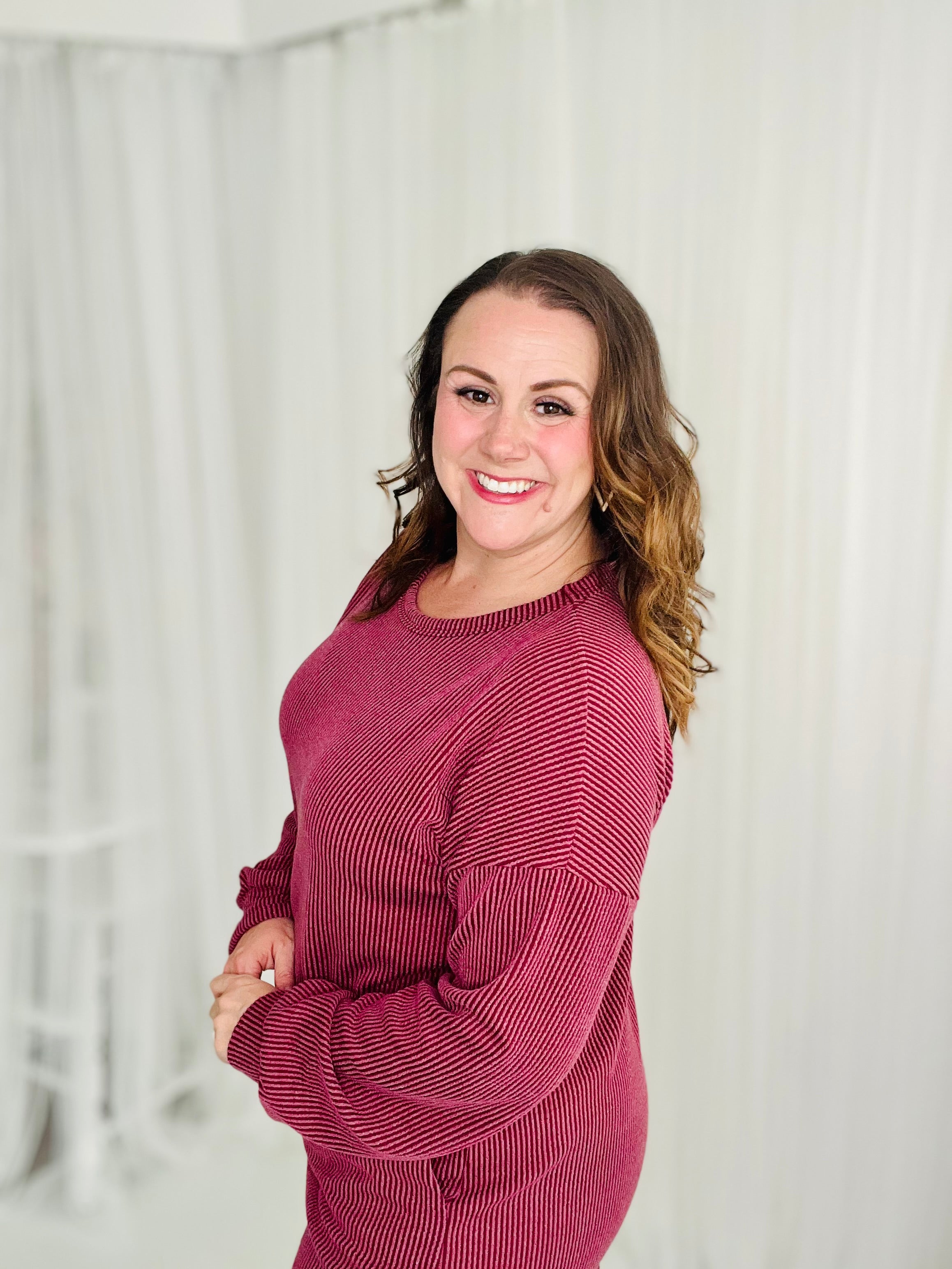 Urban Ribbed Long Sleeve Dress- Burgundy FINAL SALE