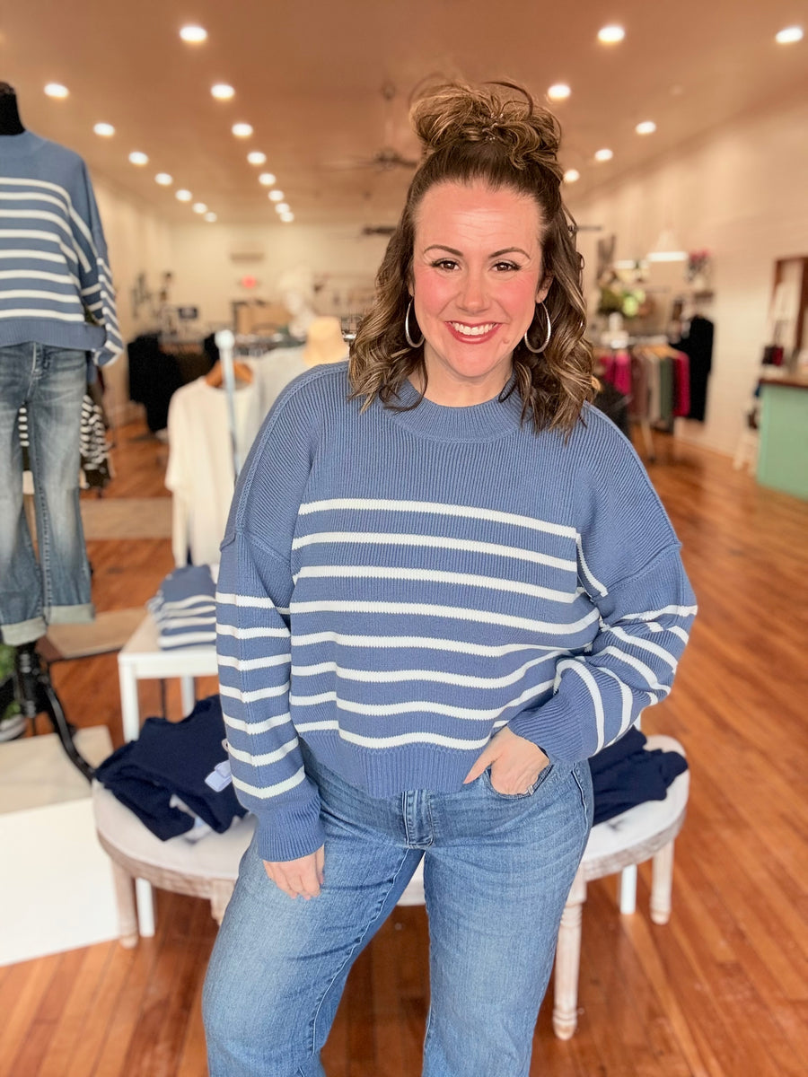 Exposed Seam Striped Oversized Sweater- Dusty Blue