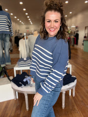 Exposed Seam Striped Oversized Sweater- Dusty Blue