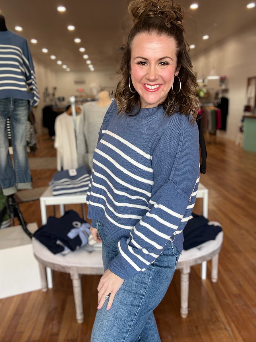 Exposed Seam Striped Oversized Sweater- Dusty Blue