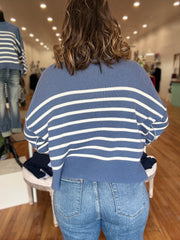 Exposed Seam Striped Oversized Sweater- Dusty Blue