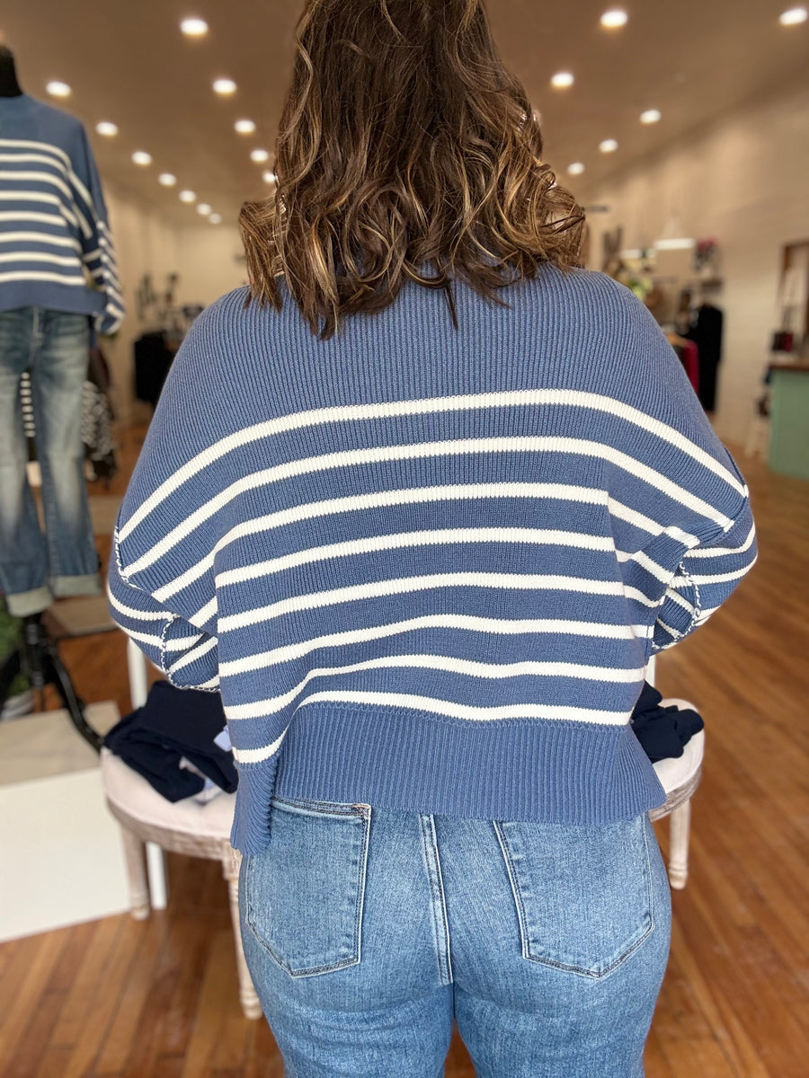 Exposed Seam Striped Oversized Sweater- Dusty Blue