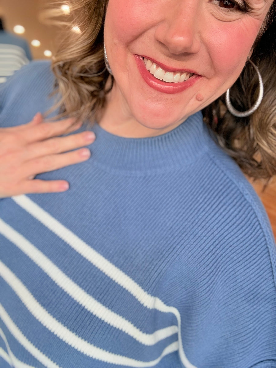 Exposed Seam Striped Oversized Sweater- Dusty Blue
