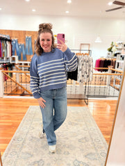 Exposed Seam Striped Oversized Sweater- Dusty Blue