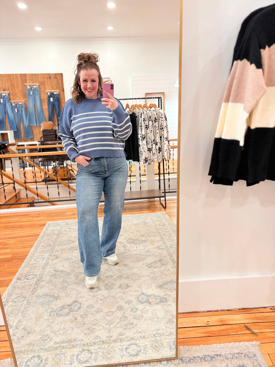 Exposed Seam Striped Oversized Sweater- Dusty Blue