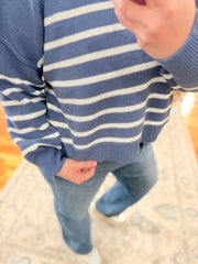 Exposed Seam Striped Oversized Sweater- Dusty Blue