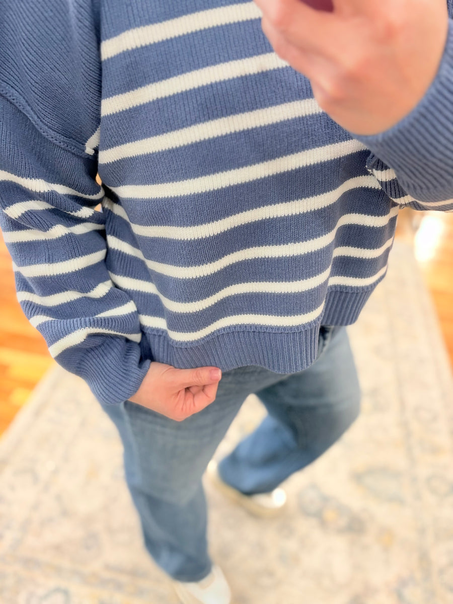 Exposed Seam Striped Oversized Sweater- Dusty Blue