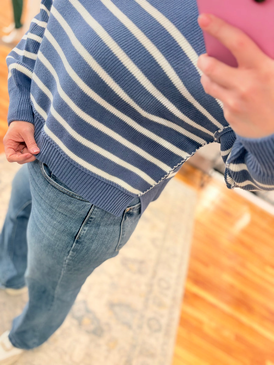 Exposed Seam Striped Oversized Sweater- Dusty Blue