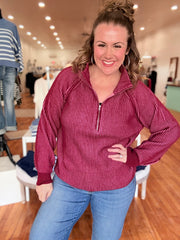 Two Tone Half Zip Sweater- Cabernet & Pink