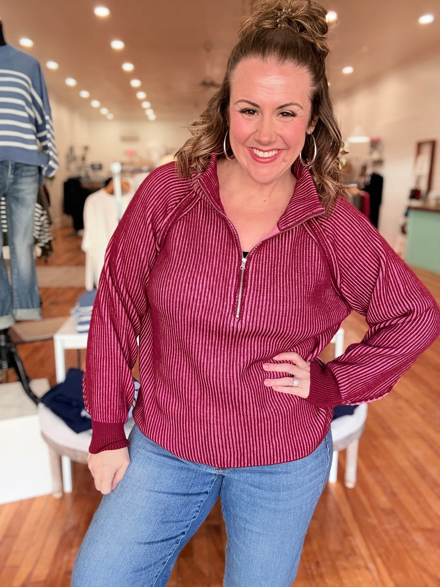 Two Tone Half Zip Sweater- Cabernet & Pink