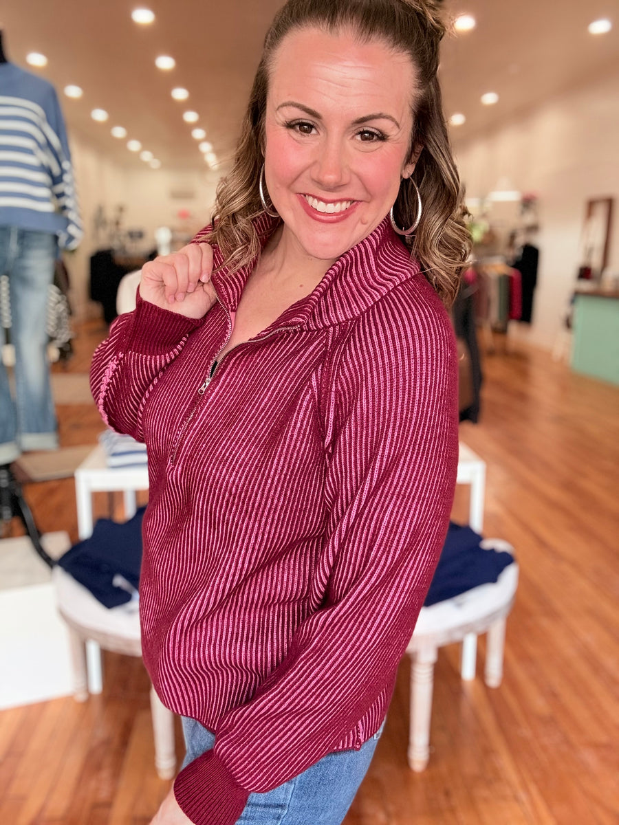 Two Tone Half Zip Sweater- Cabernet & Pink