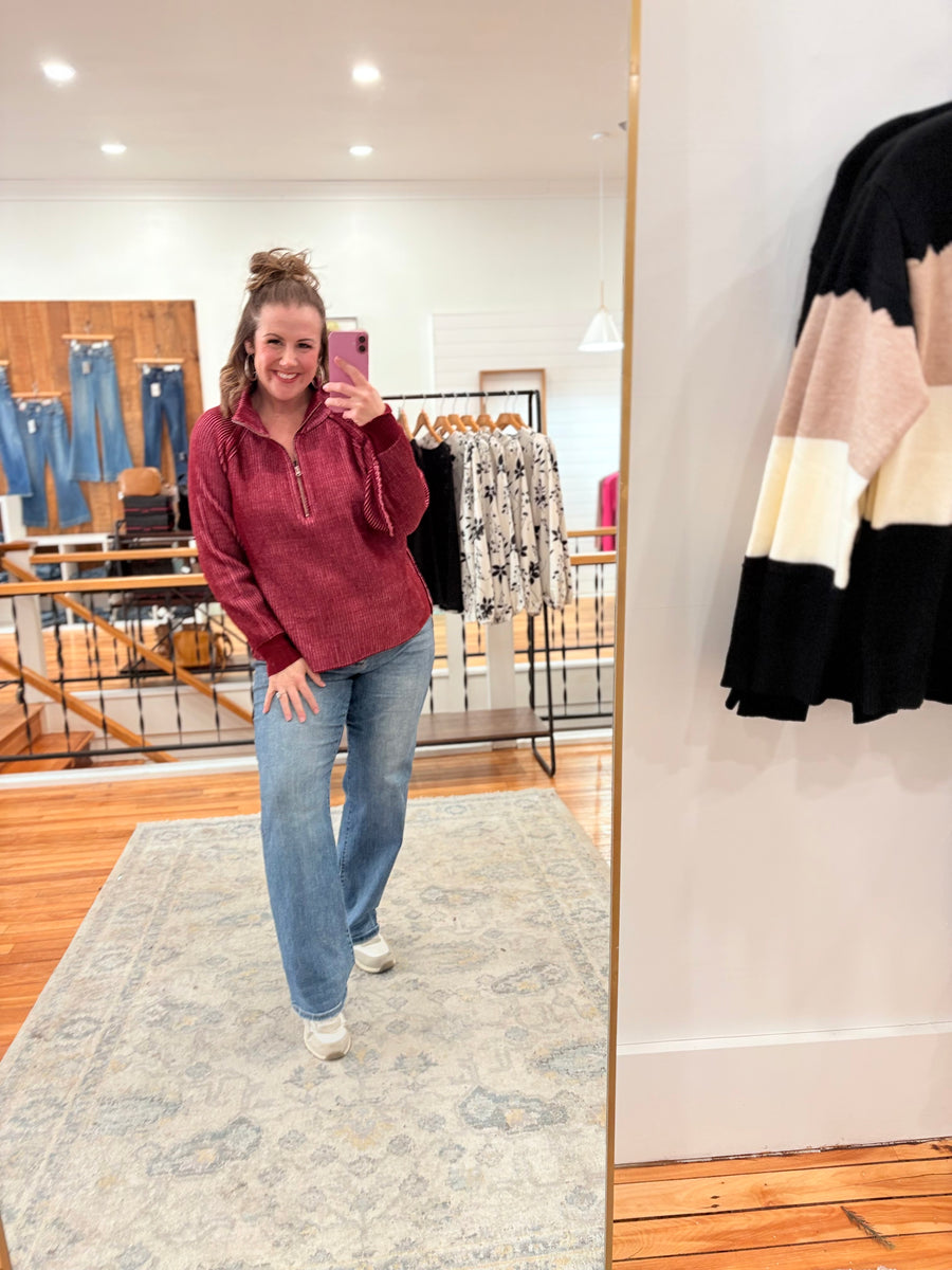 Two Tone Half Zip Sweater- Cabernet & Pink