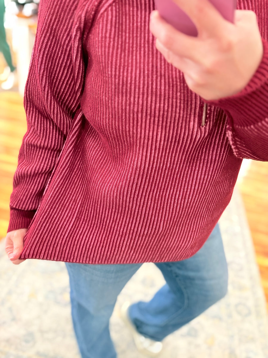 Two Tone Half Zip Sweater- Cabernet & Pink