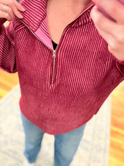 Two Tone Half Zip Sweater- Cabernet & Pink