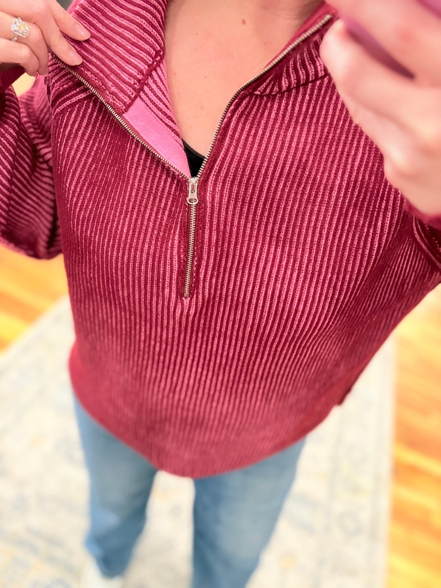 Two Tone Half Zip Sweater- Cabernet & Pink