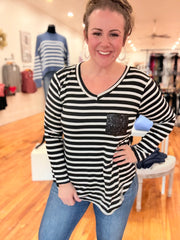 Glitter Pocket Striped Long Sleeve