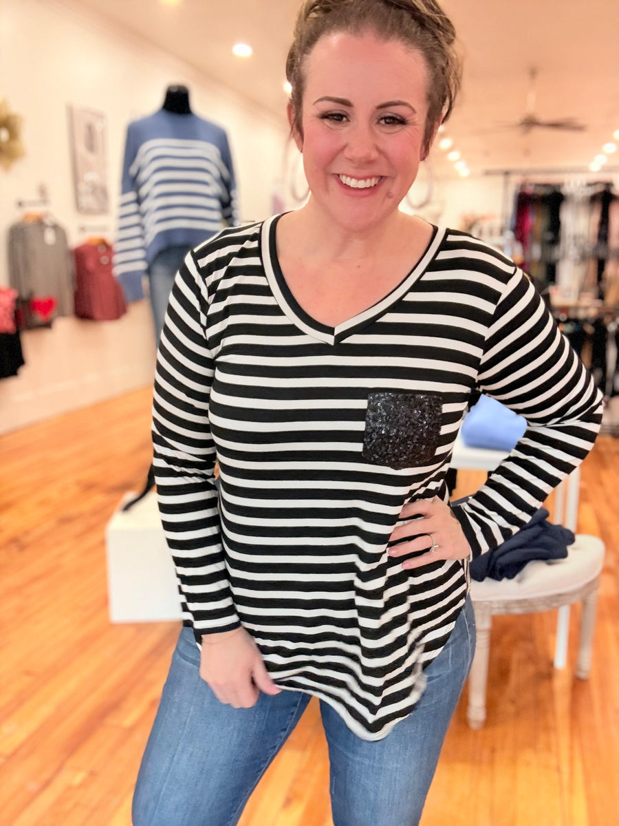 Glitter Pocket Striped Long Sleeve