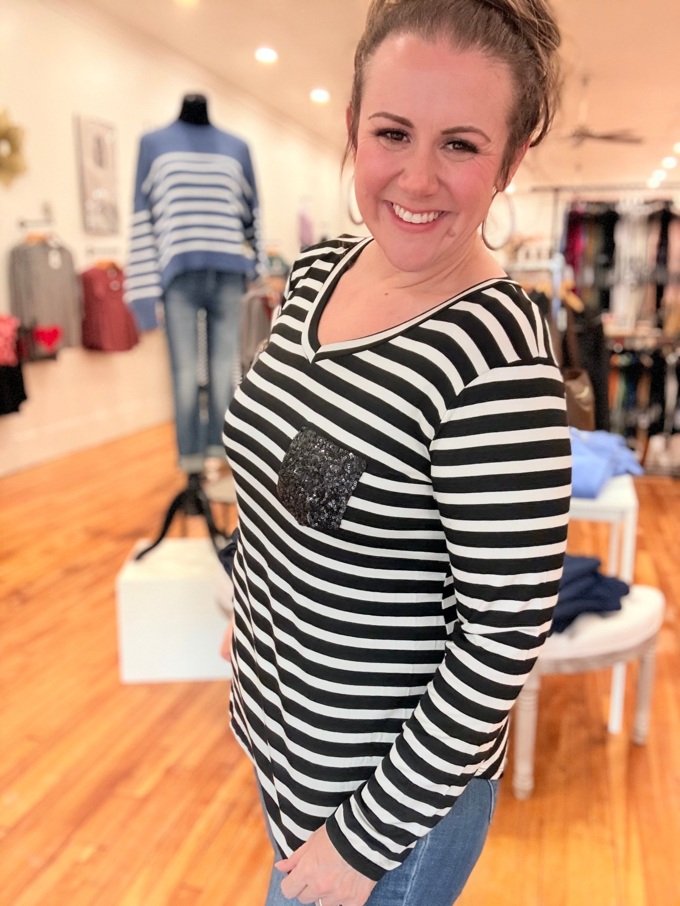 Glitter Pocket Striped Long Sleeve