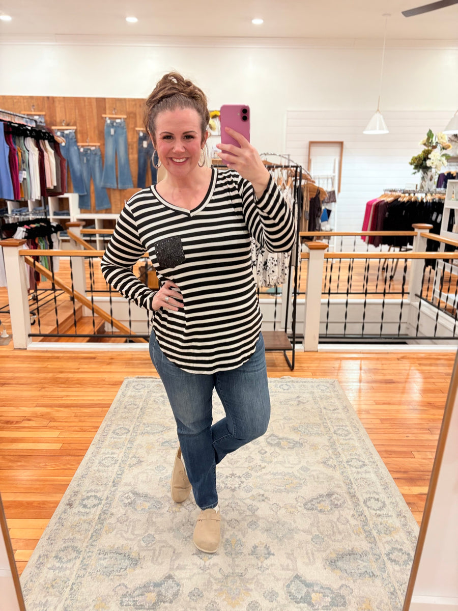 Glitter Pocket Striped Long Sleeve