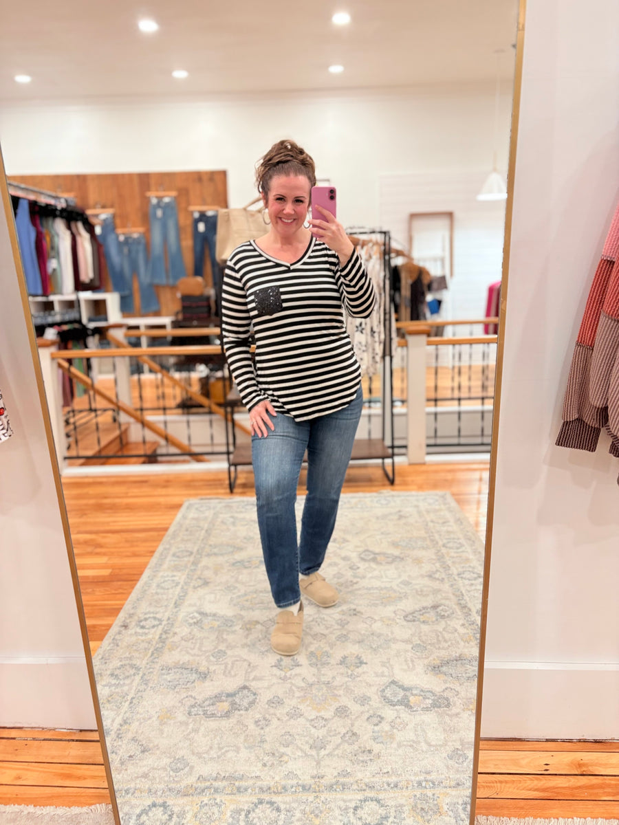 Glitter Pocket Striped Long Sleeve