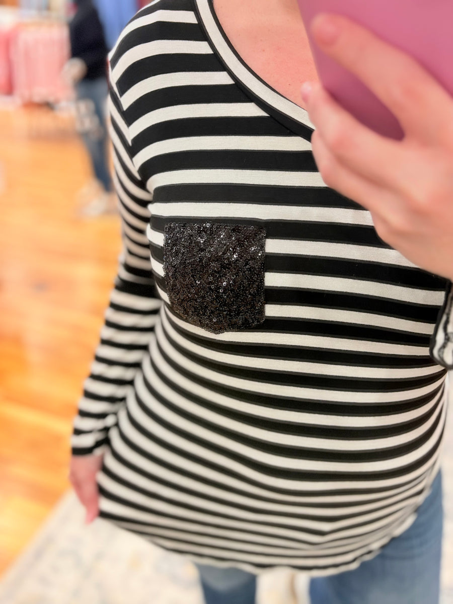 Glitter Pocket Striped Long Sleeve