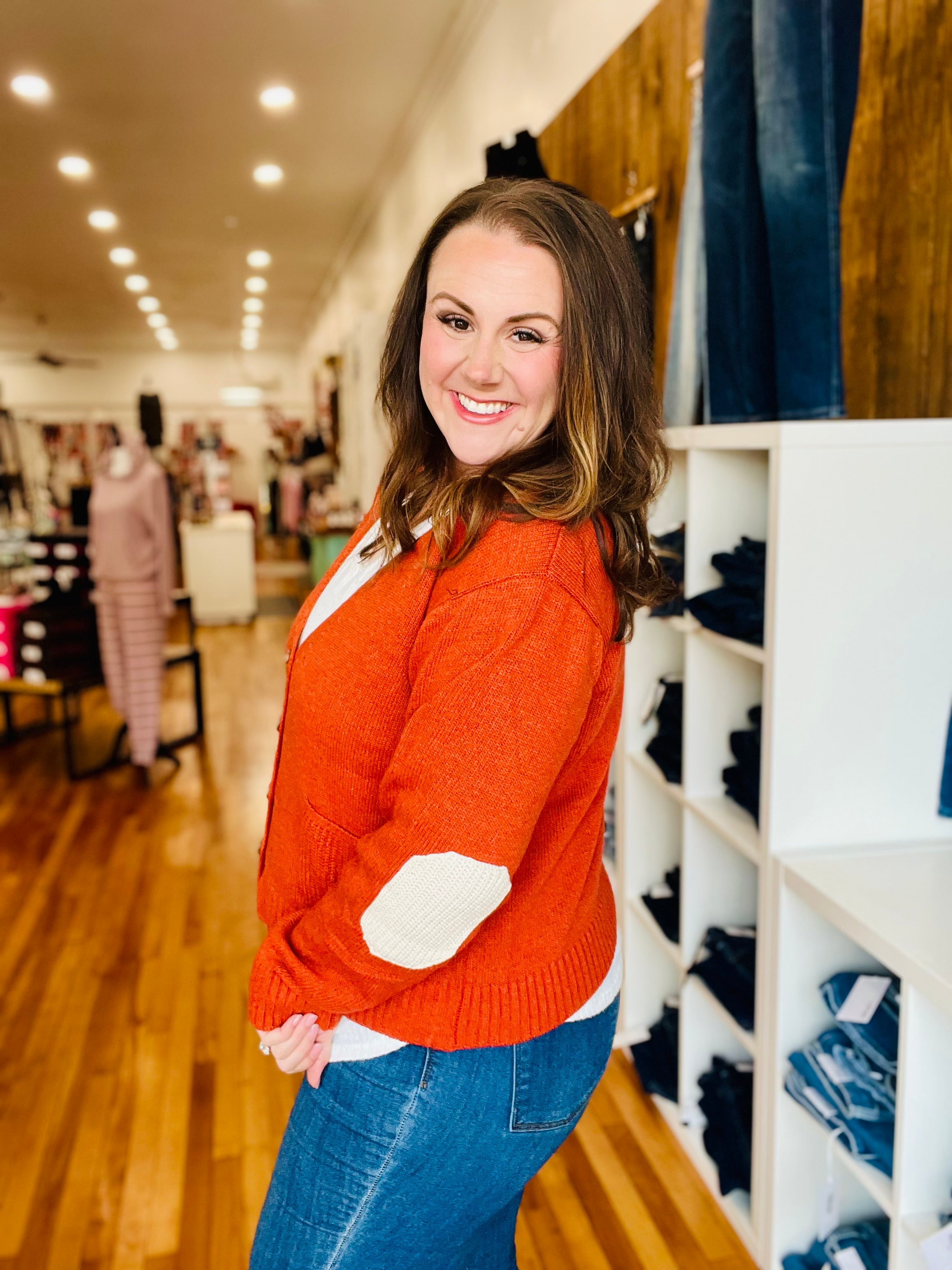 Elbow Patch Cardigan- Pumpkin