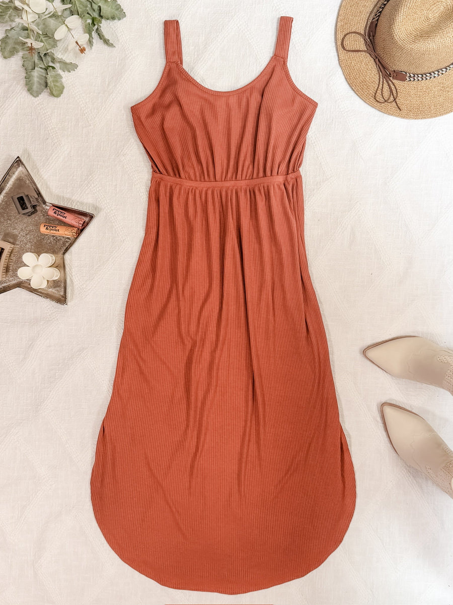 WAREHOUSE Reagan Ribbed Midi Dress - Rust FINAL SALE